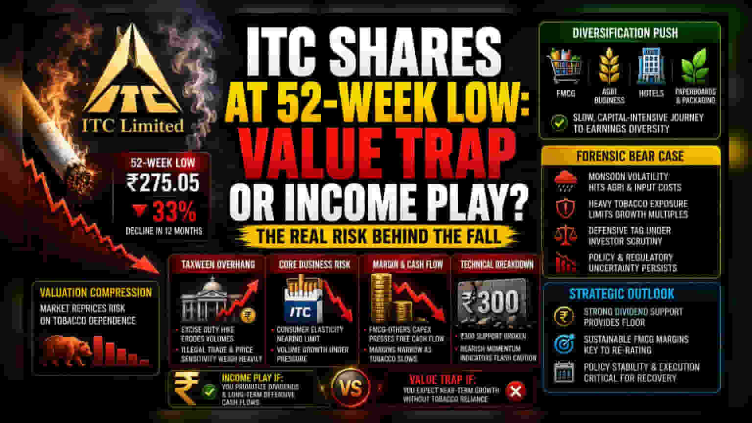 ITC का शेयर 52-हफ्ते के निचले स्तर पर: क्या डिविडेंड किंग अपनी सल्तनत खो रहा है?