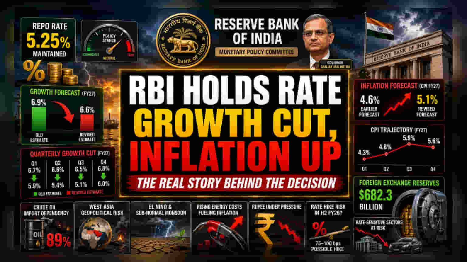 RBI Repo Rate 5.25% યથાવત, પરંતુ ફુગાવાના ભય વચ્ચે GDP વૃદ્ધિનો અંદાજ ઘટ્યો