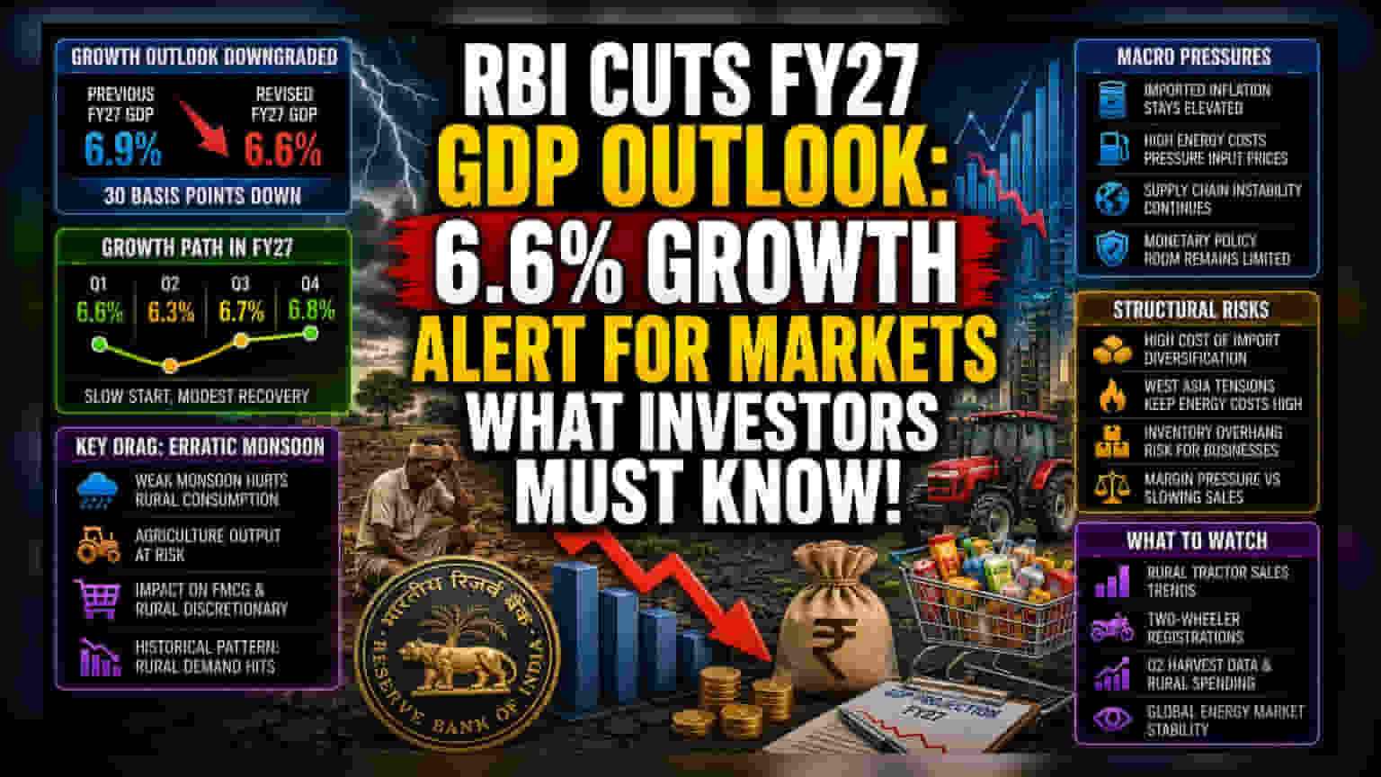 RBI கணிப்பு: FY27 வளர்ச்சி **6.6%** ஆக குறையும்! பருவமழை, எரிசக்தி விலை உயர்வு எதிரொலி