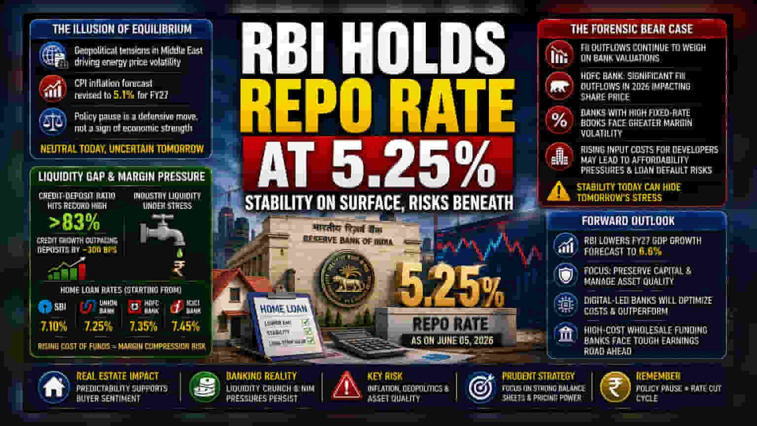 RBI રેટ યથાવત: EMI માં સ્થિરતા, પણ બેંકો માટે લિક્વિડિટી અને માર્જિનનો જોખમ