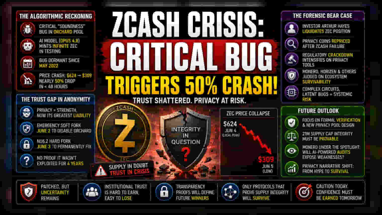 Zcash संकट: AI ऑडिटमुळे प्रायव्हसी कॉईन मार्केट हादरले