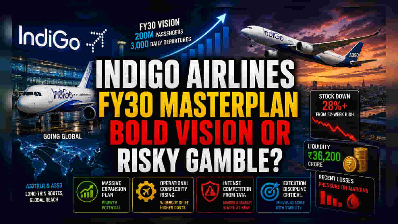IndiGo షేర్ పై ఇన్వెస్టర్లలో టెన్షన్: FY30 లక్ష్యాలు చేరుకుంటుందా? లాభాల ట్రాప్ లో పడుతుందా?