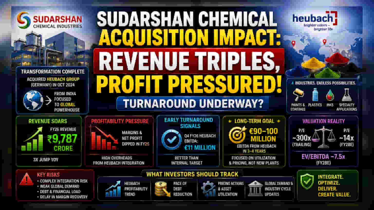 Sudarshan Chemical का बड़ा दांव: Heubach इंटीग्रेशन का टेस्ट, रेवेन्यू तिगुना, पर मुनाफे पर दबाव