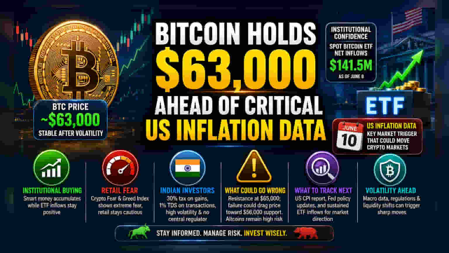 Bitcoin Price: રોકાણકારોની નજર US Inflation Data પર, Bitcoin $63,000 ની આસપાસ સ્થિર