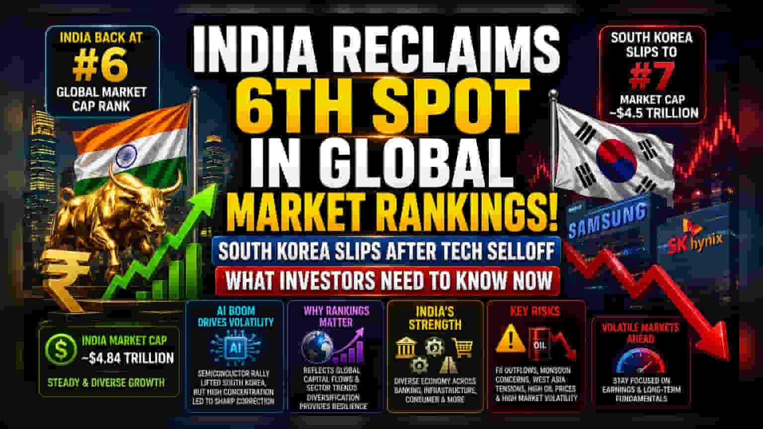 India Share Market: South Koreaના Tech Stocks ઘટ્યા, ભારત ફરી 6ઠ્ઠા ક્રમે