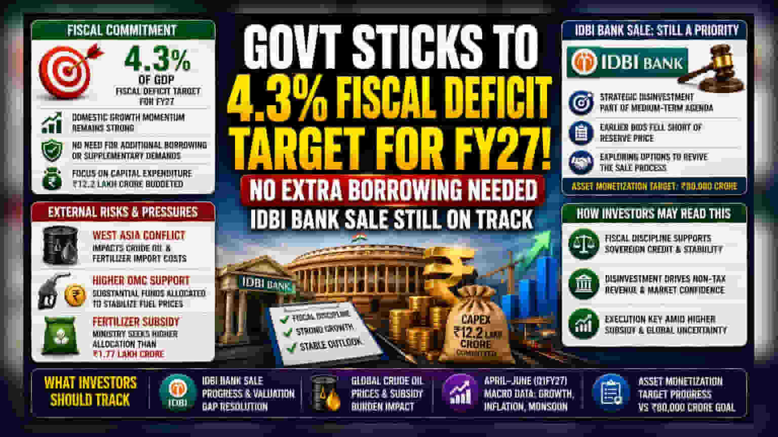 இந்தியாவின் FY27 நிதி இலக்கு உறுதி; IDBI வங்கி விற்பனை திட்டமிட்டபடி தொடரும்!