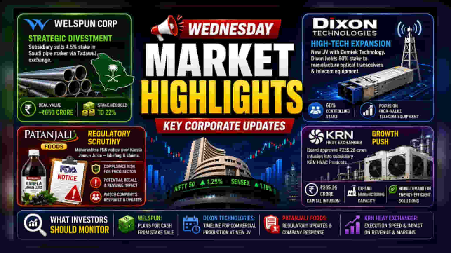 Welspun Corp ne bechi Saudi stake, Dixon ka JV launch, Patanjali par FDA notice, KRN Heat Exchanger ki expansion plan!