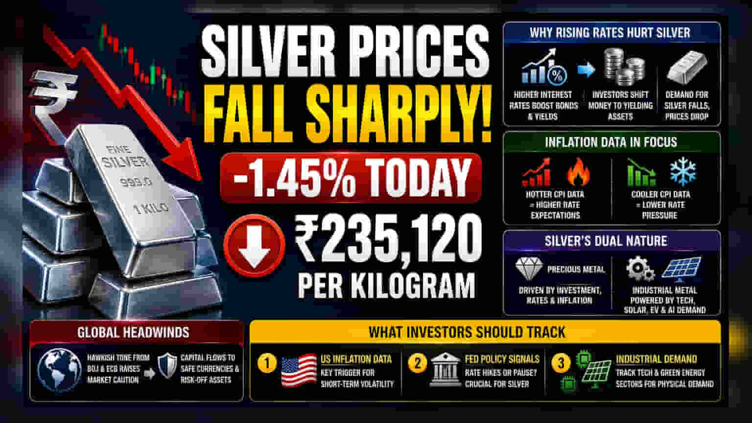 चांदीच्या भावात मोठी घसरण! व्याजदर वाढीच्या भीतीने किंमत ₹2,35,120 प्रति किलोवर