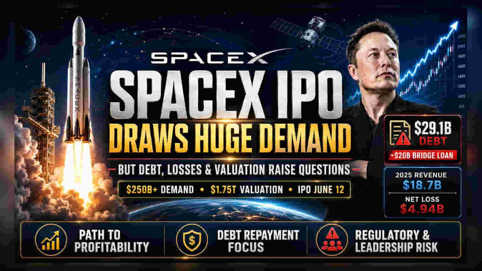 SpaceX IPO: 12 जून को लॉन्च, ₹1.75 ट्रिलियन वैल्यूएशन, पर ₹29 अरब से ज्यादा कर्ज और भारी नुकसान!