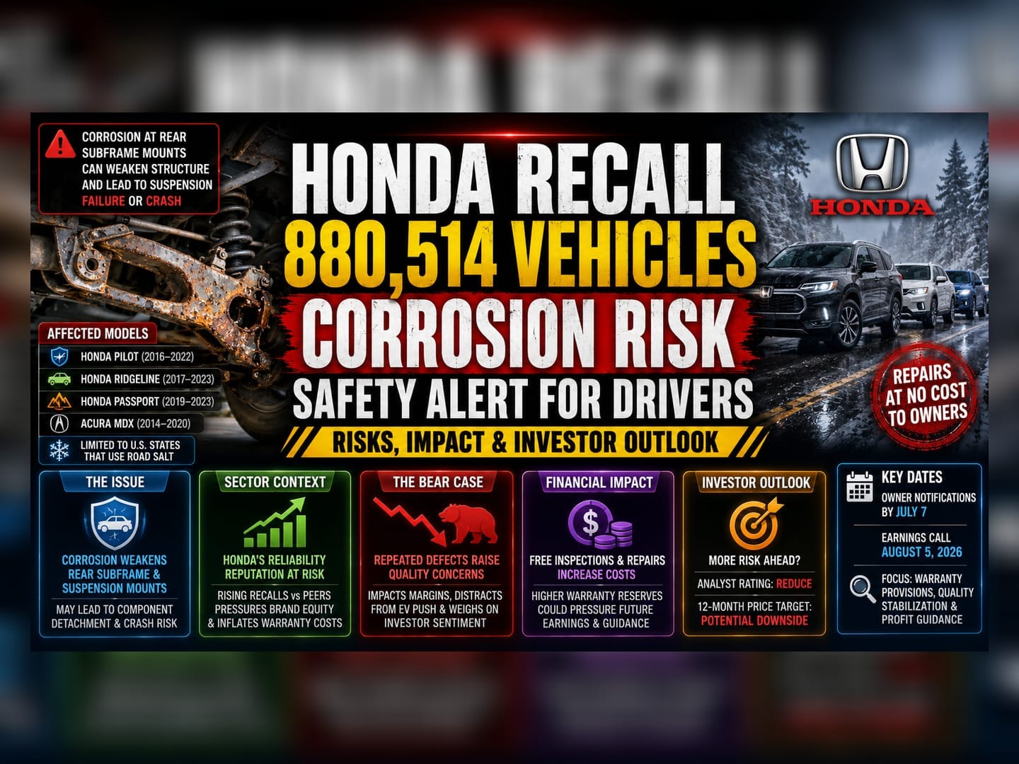 Honda Recalls 880K Vehicles: Rust Risk Hits Salt-Belt Models