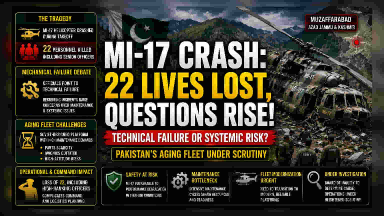 Mi-17 ਹੈਲੀਕਾਪਟਰ ਹਾਦਸਾ: ਕਸ਼ਮੀਰ ਵਿੱਚ 22 ਮੌਤਾਂ, ਪਾਕਿਸਤਾਨੀ ਫਲੀਟ ਦੀ ਸੁਰੱਖਿਆ 'ਤੇ ਸਵਾਲ