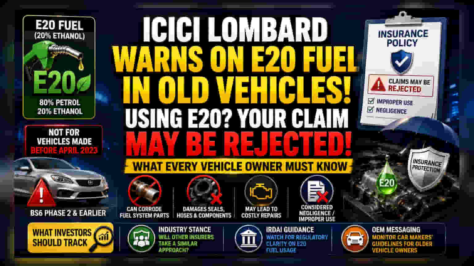 Using E20 Fuel in Old Cars? ICICI Lombard Flags Claim Risks