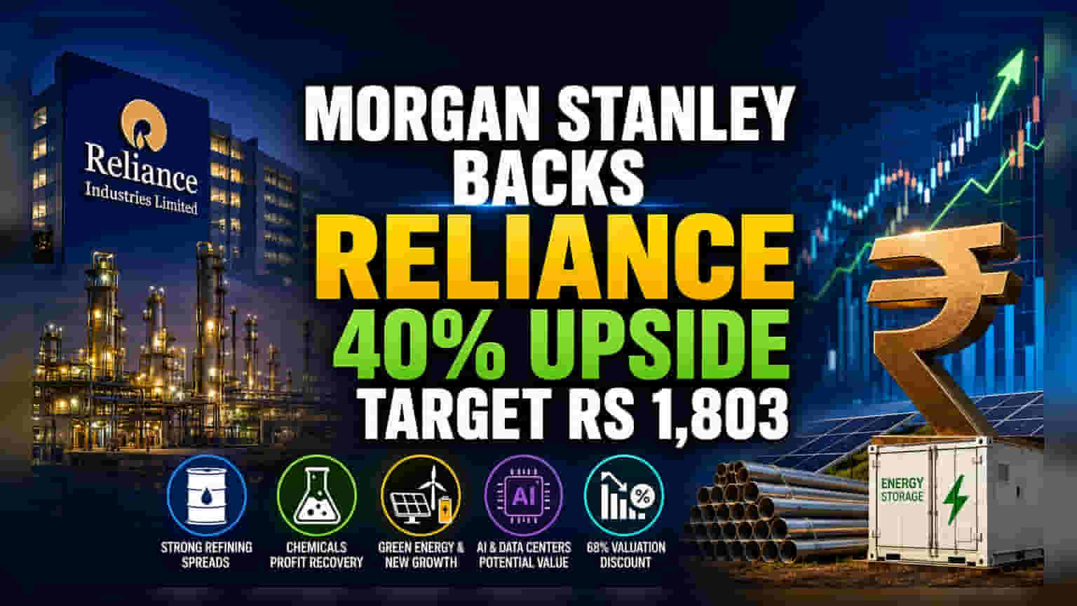 Reliance Industries: Morgan Stanley चा 'ओव्हरवेट' रेटिंगसह ₹1,803 चा टार्गेट प्राईस, 40% अपसाईडची शक्यता!