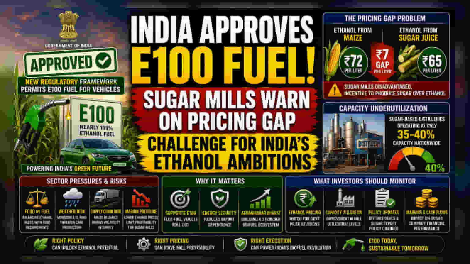 Sugar Mills की मांग: E100 फ्यूल के लिए बेहतर इथेनॉल दाम चाहिए!