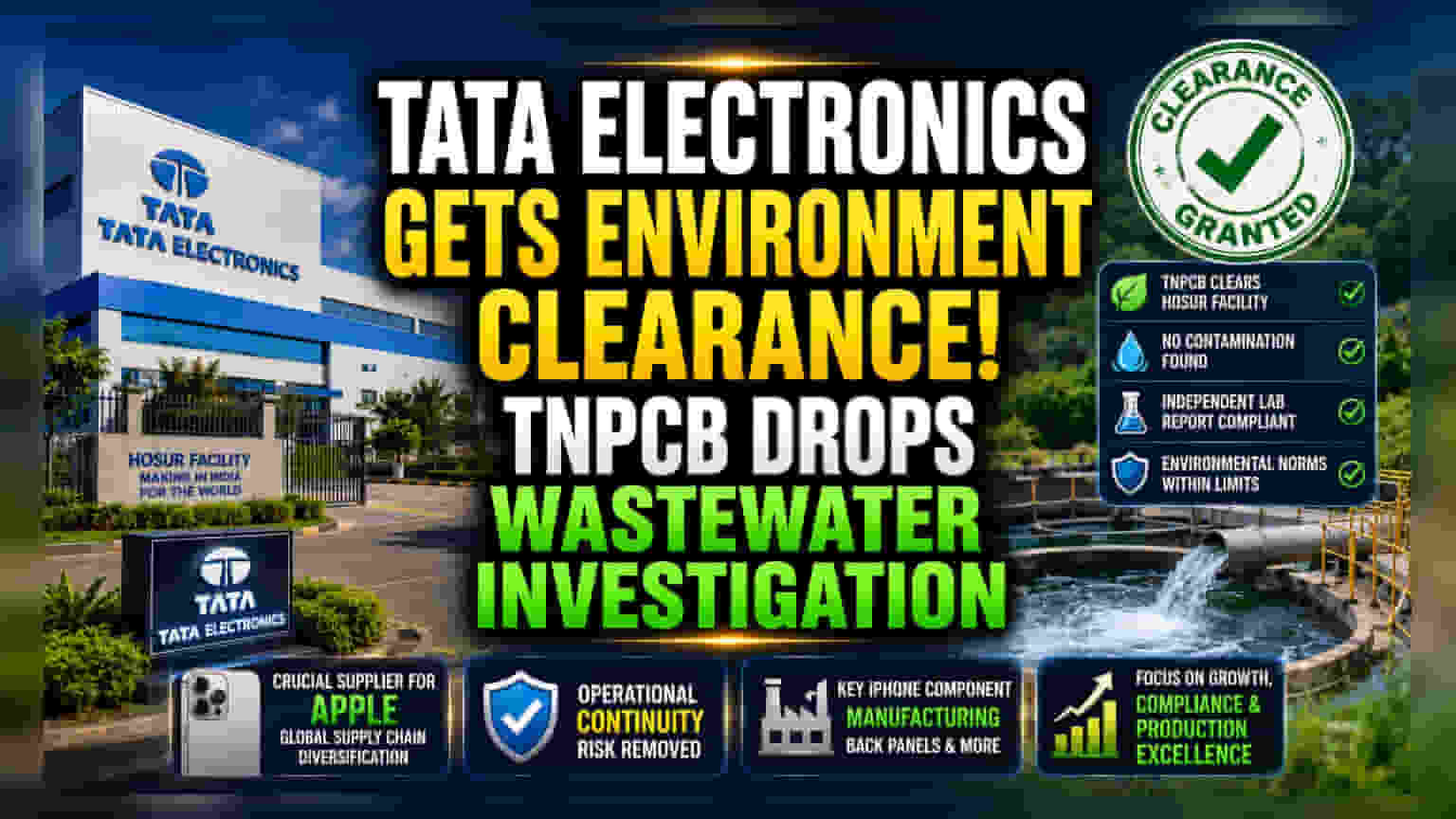 Tata Electronics ને મોટી રાહત! હોસુર પ્લાન્ટમાં પ્રદુષણ તપાસમાંથી ક્લીન ચિટ મળી