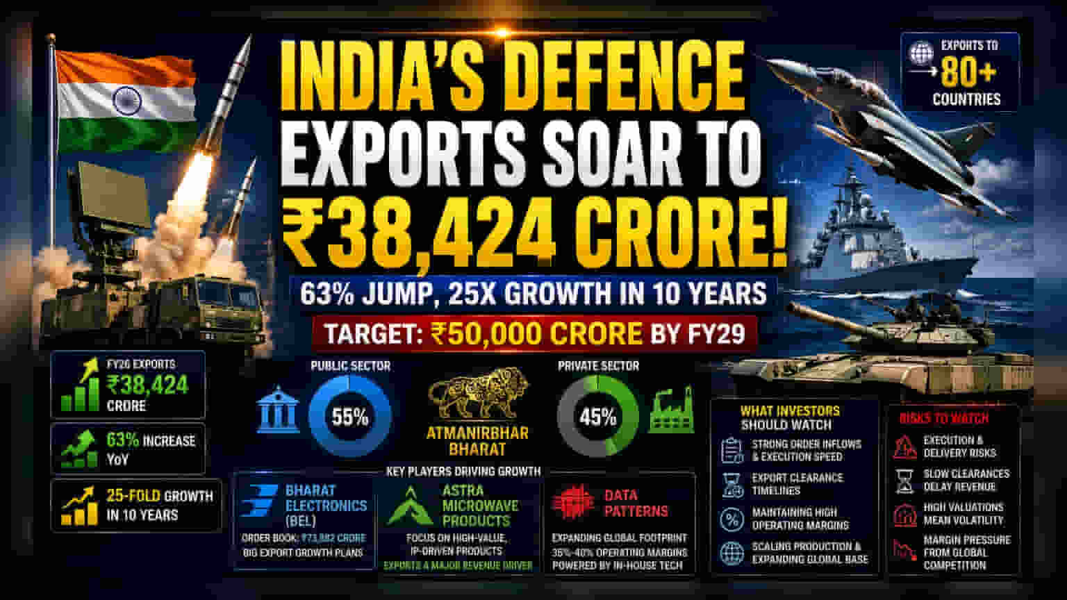 भारताची संरक्षण निर्यात FY26 मध्ये ₹38,424 कोटींवर, दशकभरात 25 पट वाढ!