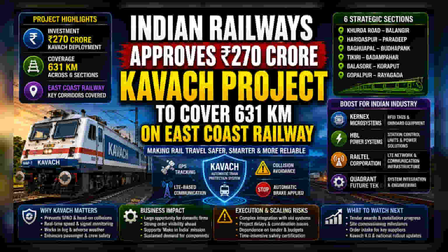 Railways Approves ₹270 Crore Kavach Project For East Coast Network