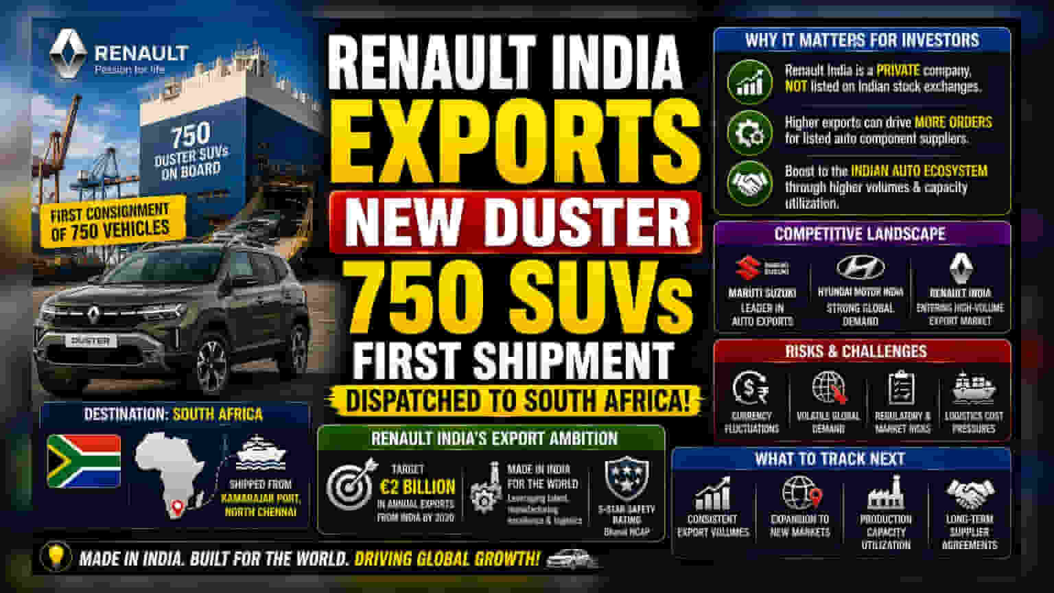 Renault Duster India: દક્ષિણ આફ્રિકામાં નિકાસ શરૂ, ₹16,000 કરોડના એક્સપોર્ટ ટાર્ગેટ સાથે મોટી છલાંગ