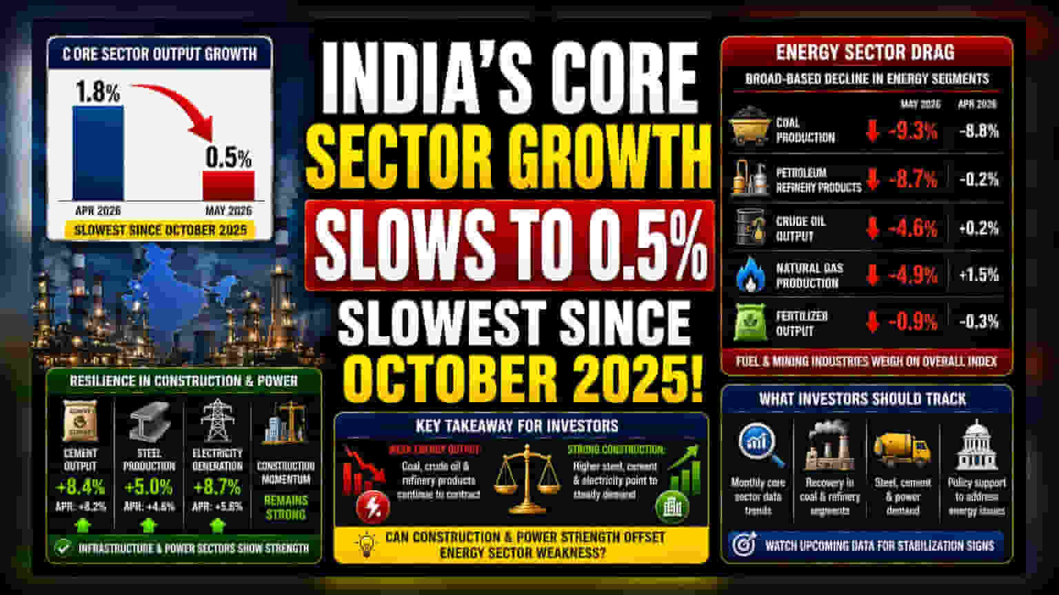 India's Core Sector Growth Dips To 0.5% In May 2026