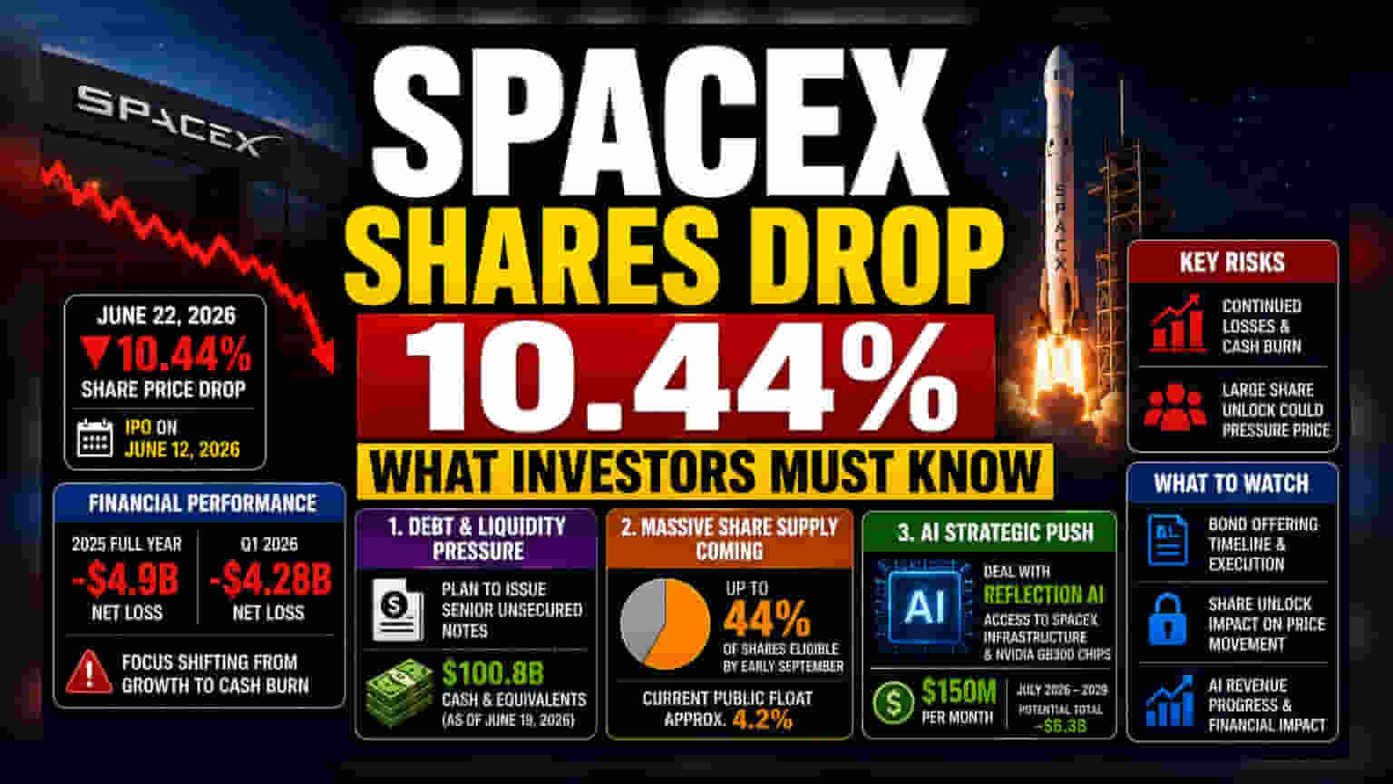 SpaceX के शेयर 10% गिरे: भारी नुकसान और सप्लाई चिंता से निवेशक चिंतित