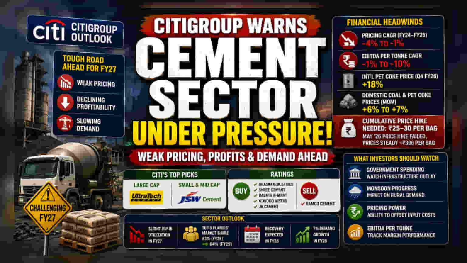 சிமெண்ட் துறைக்கு சவால்: FY27-ல் பாதிப்பு? Ultratech Cement-க்கு 'BUY' ரேட்டிங்!