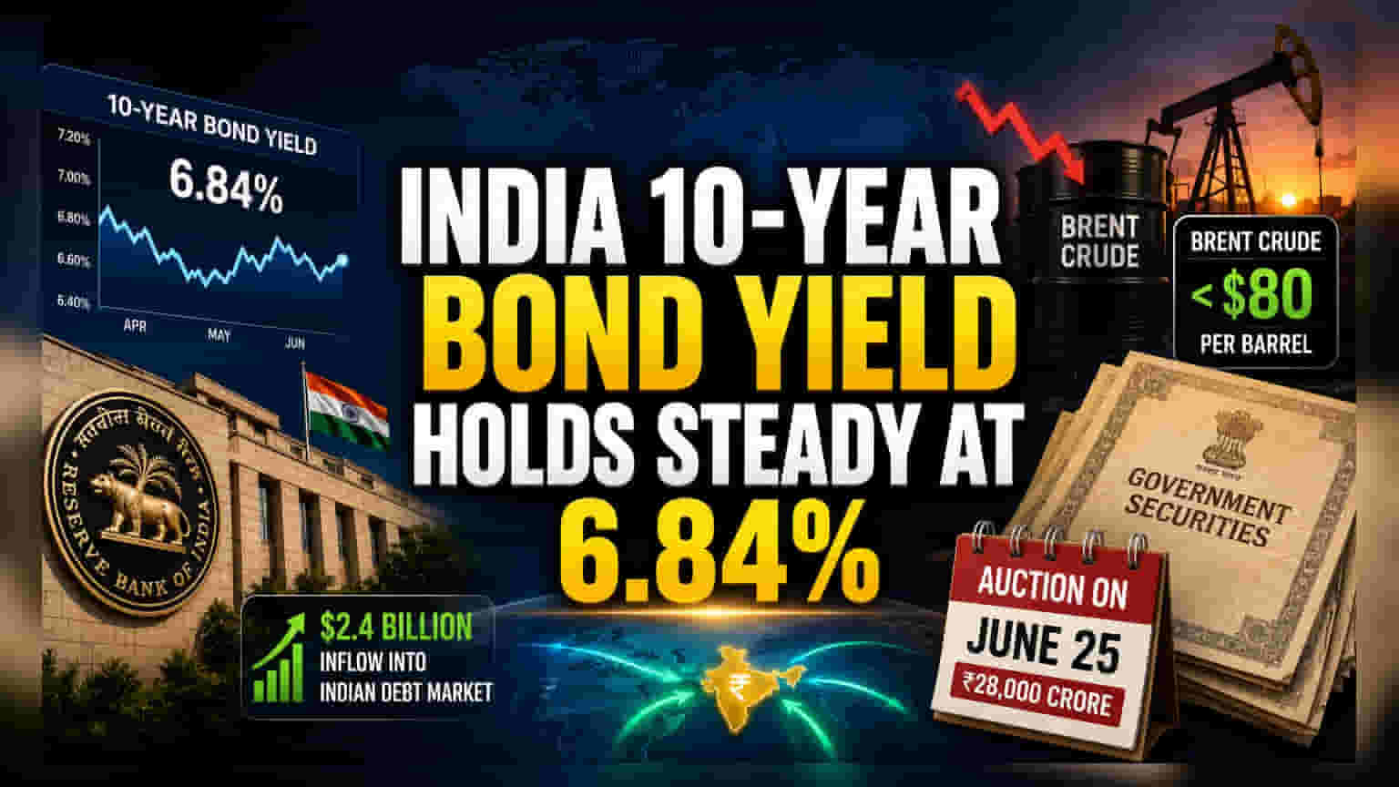 ਭਾਰਤੀ 10-ਸਾਲਾ ਬਾਂਡ ਯੀਲਡ 6.84% 'ਤੇ ਸਥਿਰ, ਕੱਚੇ ਤੇਲ ਦੀਆਂ ਕੀਮਤਾਂ 'ਚ ਗਿਰਾਵਟ