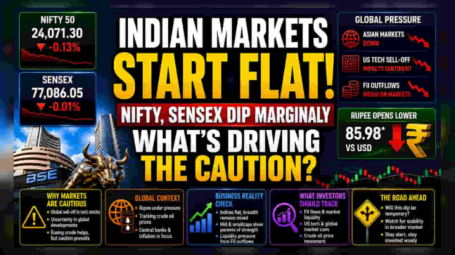 Sensex, Nifty की सपाट शुरुआत: ग्लोबल संकेतों और विदेशी बिकवाली का असर