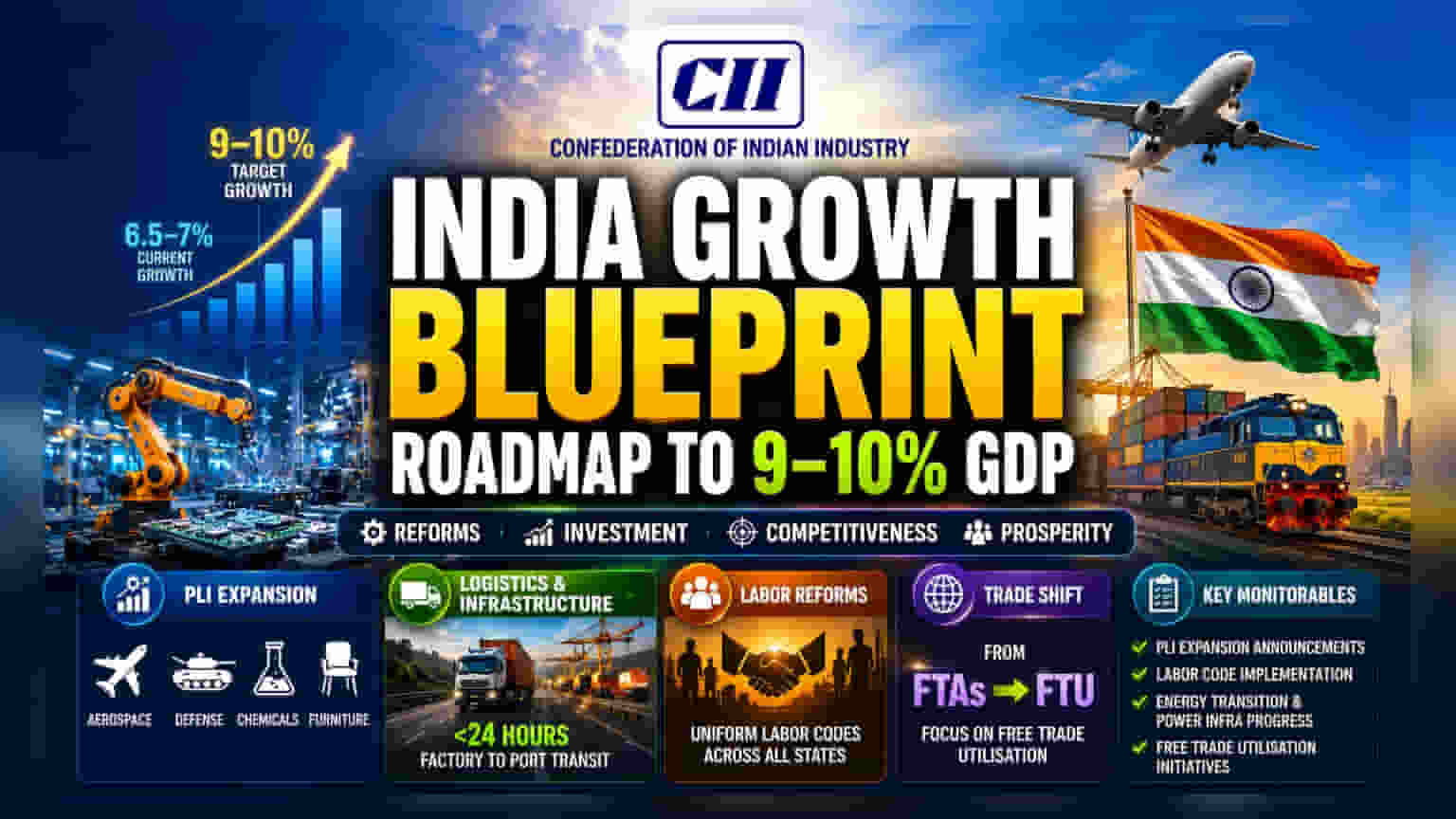 CII ચીફનું મોટું નિવેદન: ભારતની GDP વૃદ્ધિ **9-10%** સુધી પહોંચાડવા માટે PLI યોજનાનો વ્યાપ વધારવાની માંગ