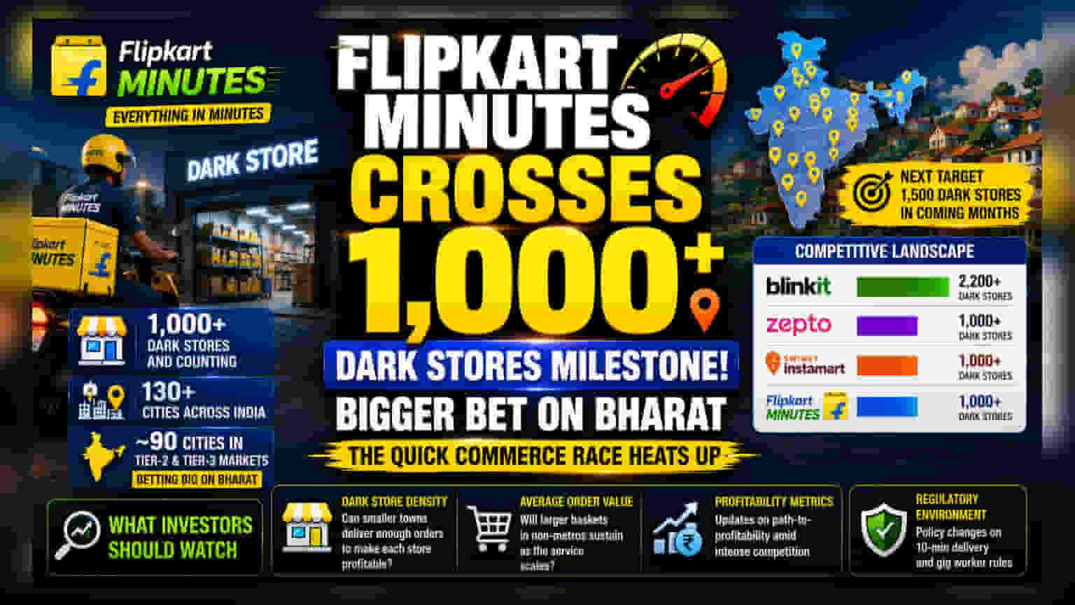 Flipkart Minutes चा विस्तार: नॉन-मेट्रो शहरांवर लक्ष, **1,500** डार्क स्टोअर्सचे लक्ष्य