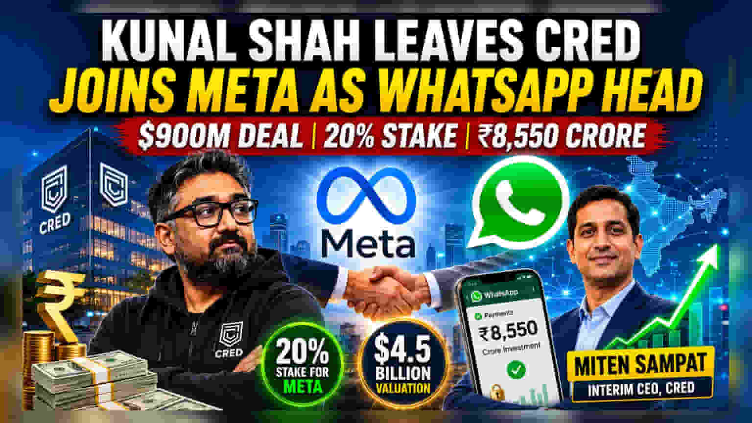 CRED चे संस्थापक कुणाल शाह आता WhatsApp सांभाळणार! Meta कडून CRED मध्ये **$900 दशलक्ष** ची गुंतवणूक