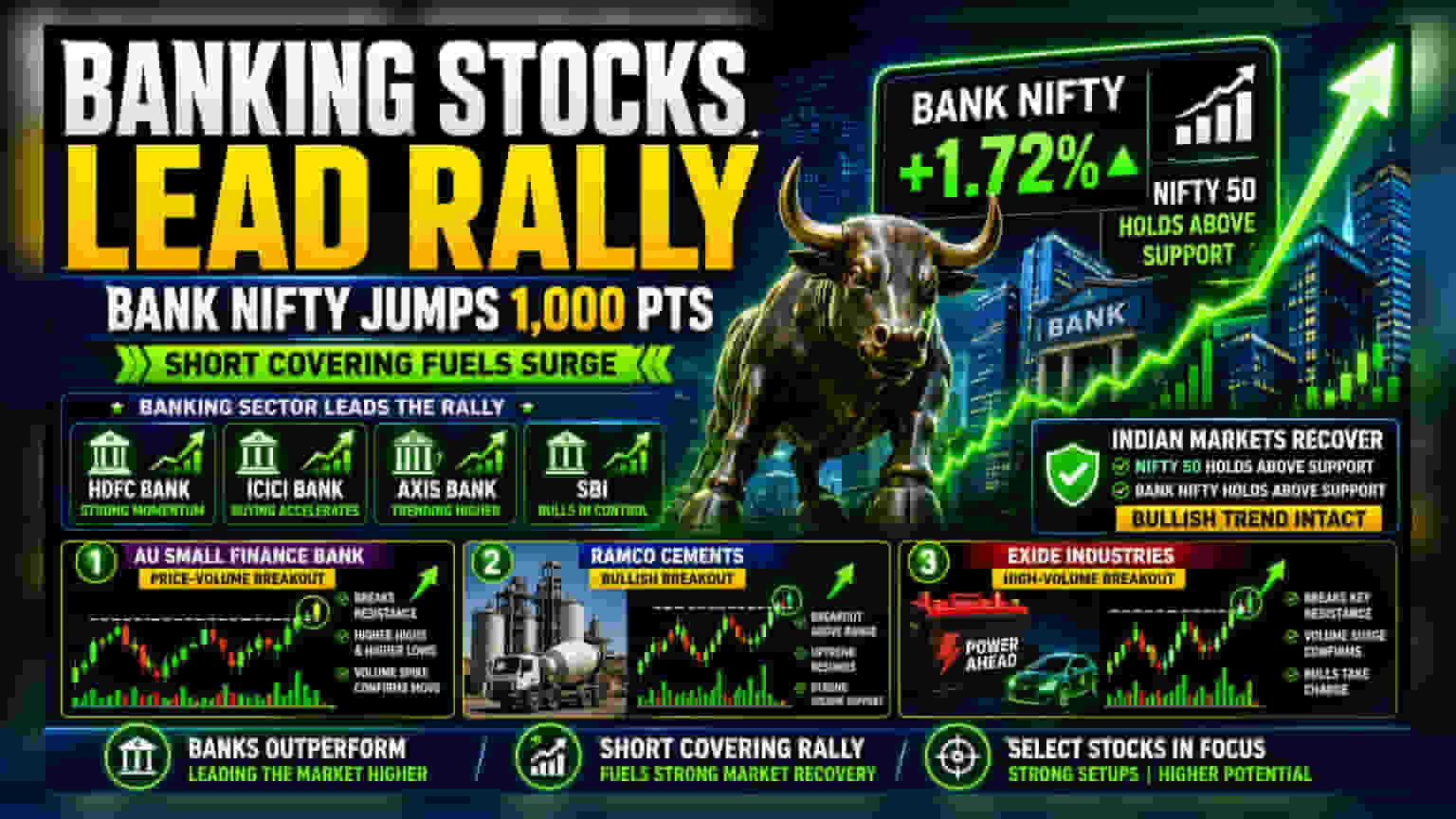 ਭਾਰਤੀ ਬਾਜ਼ਾਰਾਂ 'ਚ ਤੇਜ਼ੀ: Bank Nifty 'ਚ **1.7%** ਦਾ ਵਾਧਾ, ਸੂਚਕਾਂਕ ਟੁੱਟੀਆਂ ਰੁਕਾਵਟਾਂ