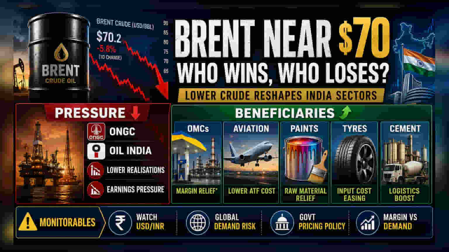 Brent கச்சா எண்ணெய் விலை வீழ்ச்சி: இந்திய பங்குகளில் லாபம் யாருக்கு, நஷ்டம் யாருக்கு?