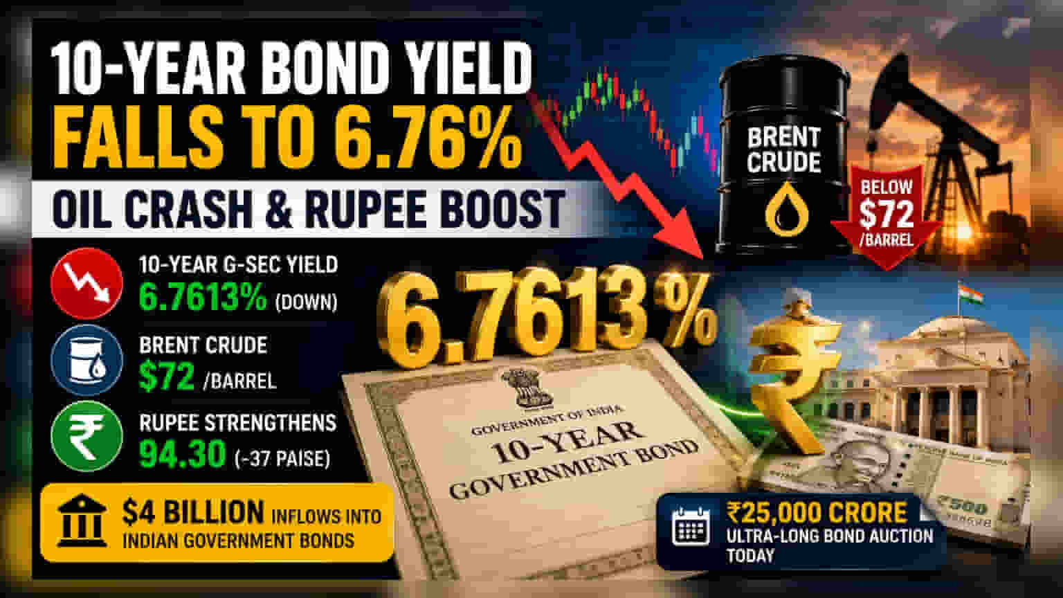 Indian Bond Yields Drop: क्रूड ऑयल सस्ता होने से राहत, बॉन्ड यील्ड में आई गिरावट