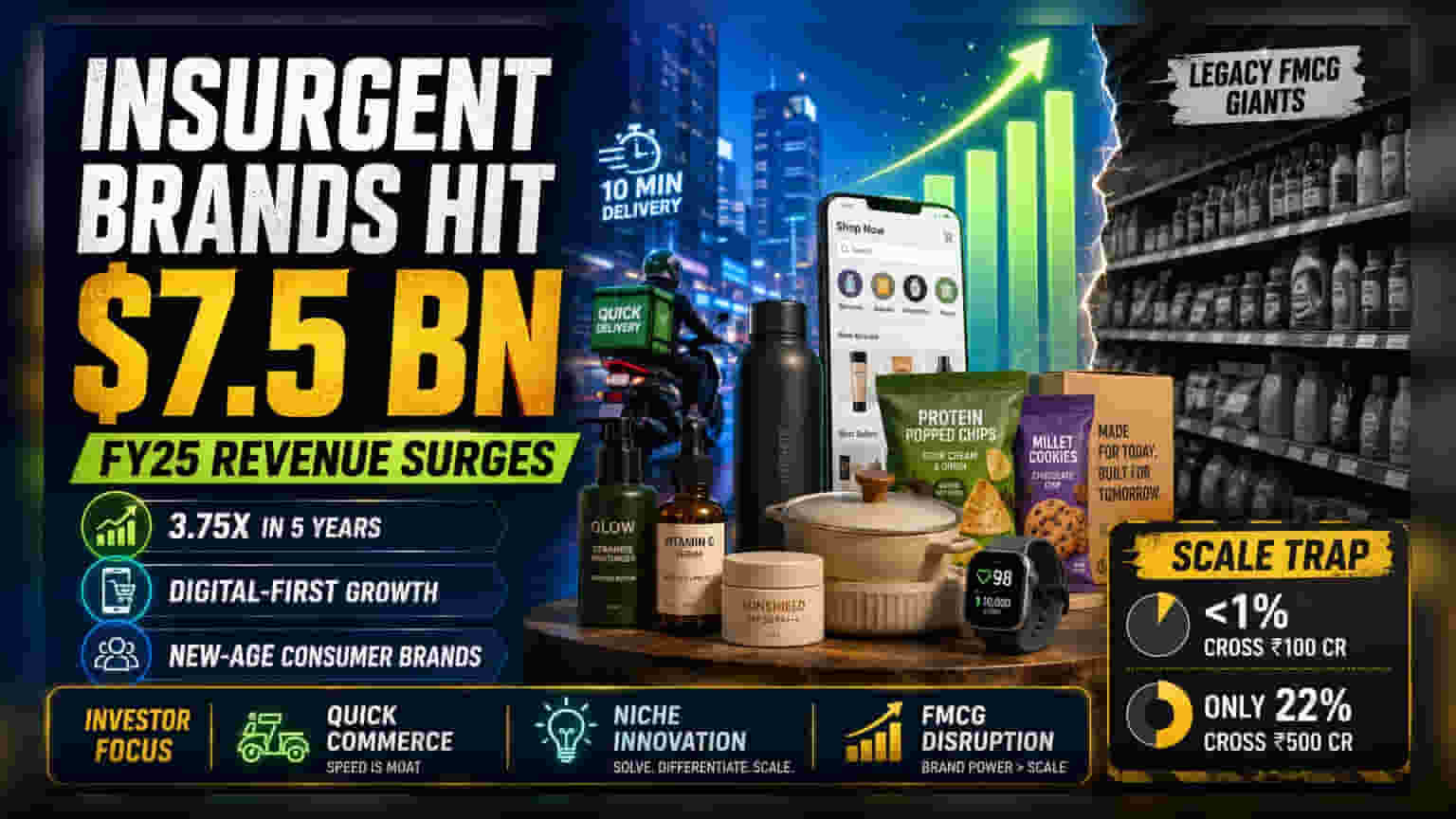 New-Age 'Insurgent' Consumer Brands FY25 में ₹7.5 बिलियन के पार, पर ₹500 करोड़ के पार स्केल करना बड़ी चुनौती