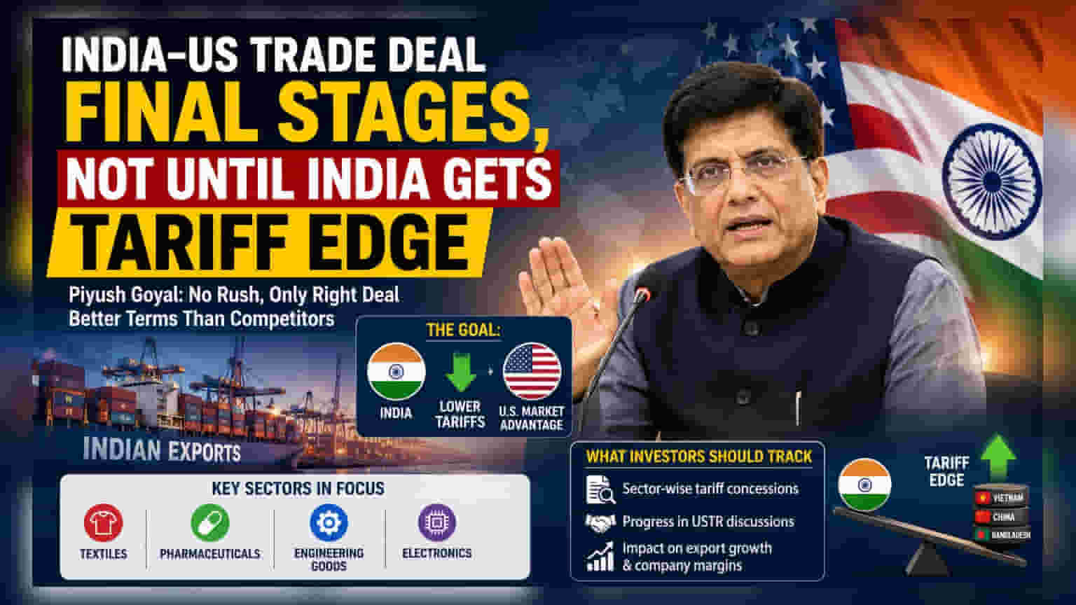 India-US Trade Deal: ગોયલનો મોટો દાવો! ભારતને ચીન અને વિયેતનામ કરતાં ટેરિફમાં એડવાન્ટેજ નહીં મળે તો સોદો નહીં થાય.