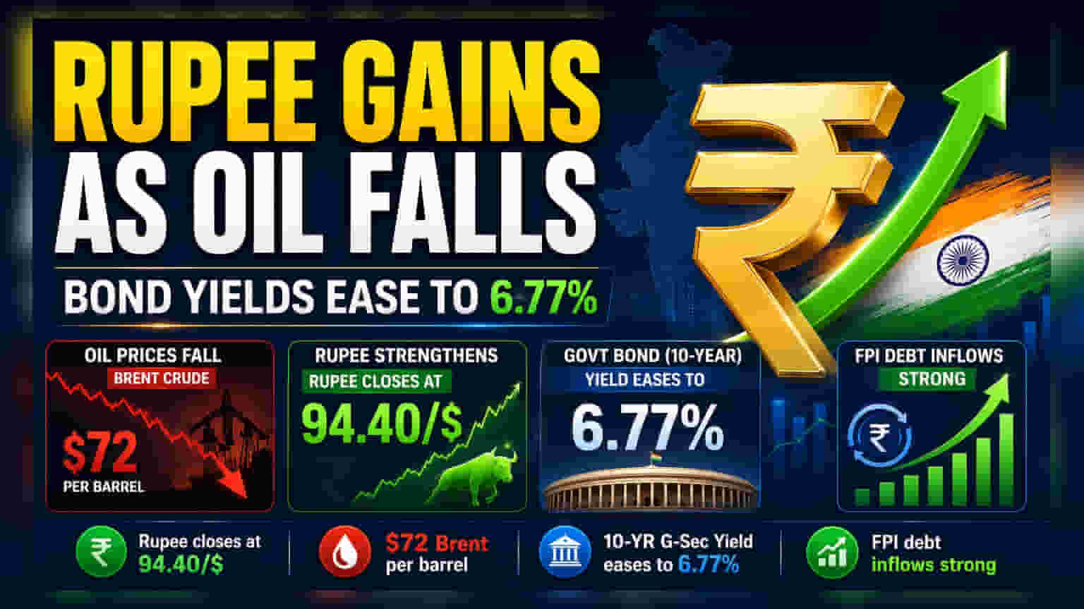 Rupee Strengthens to 94.40, Bond Yields Fall as Oil Dips