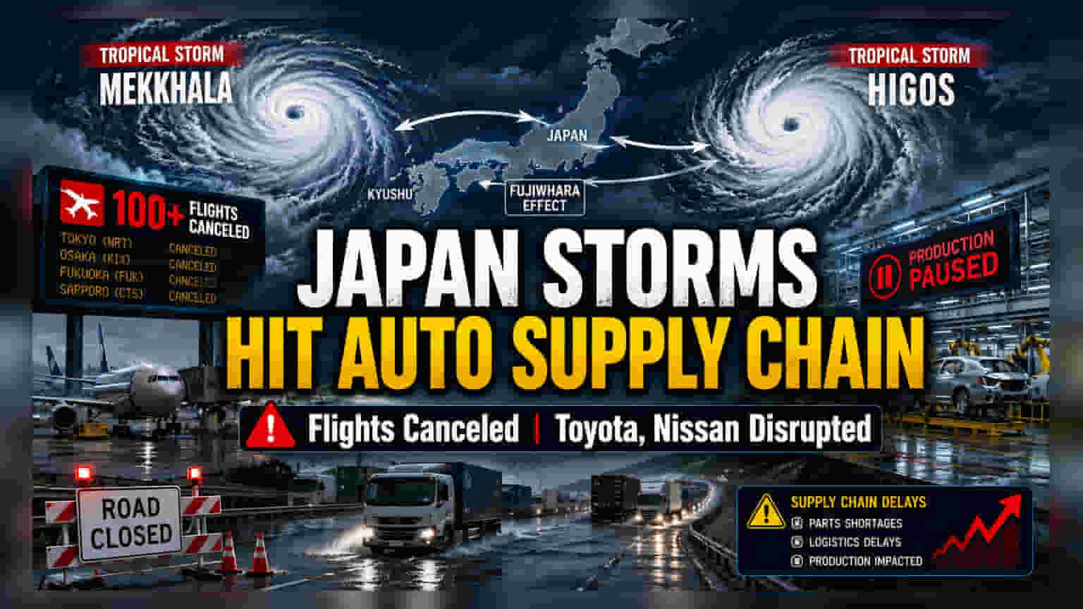 Japan Storms Disrupt Flights and Auto Production: Toyota, Nissan Impacted