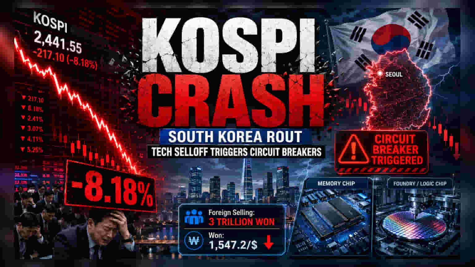 South Korea KOSPI में भारी गिरावट: 8% टूटा शेयर बाज़ार, 3 महीने का सबसे खराब हफ्ता