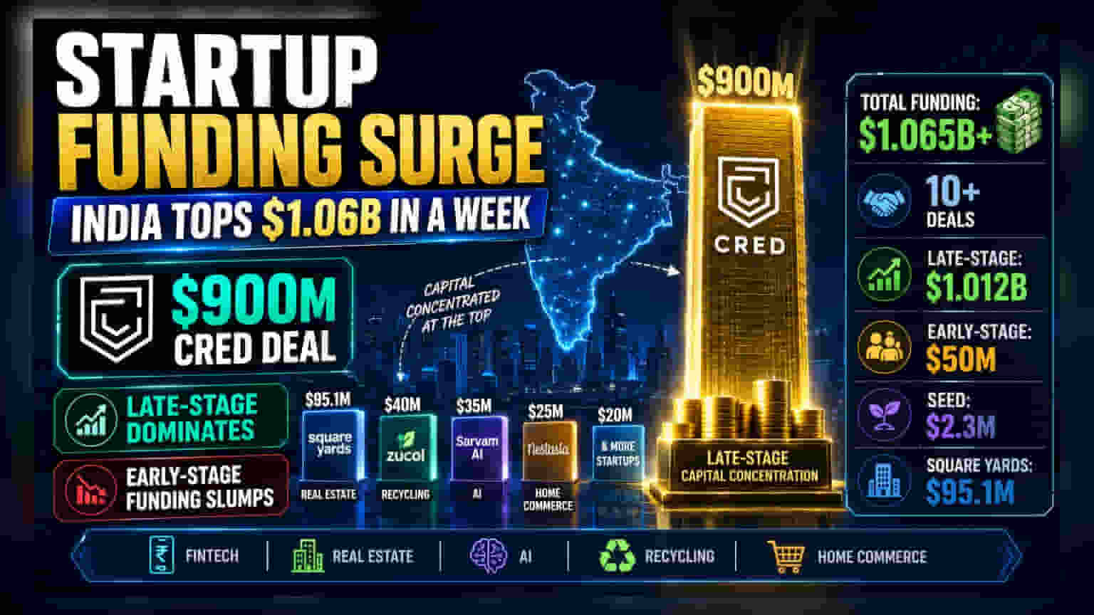 India Startup Funding Crosses $1 Billion, Led by CRED’s $900M Round