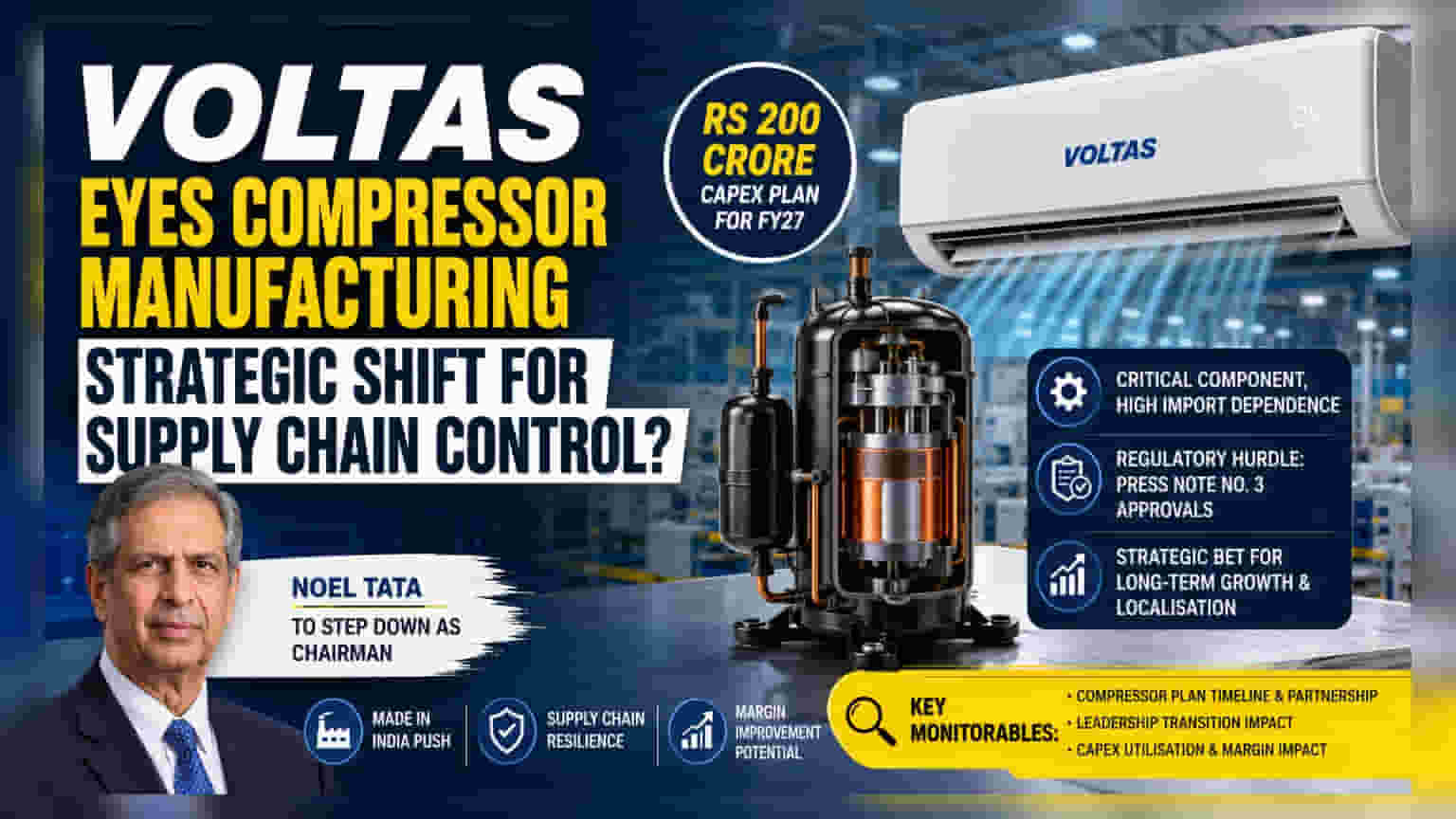 Voltas In-House Compressor: નોએલ તાતાના રાજીનામા વચ્ચે કંપનીનો મોટો નિર્ણય, ₹200 કરોડના રોકાણની તૈયારી