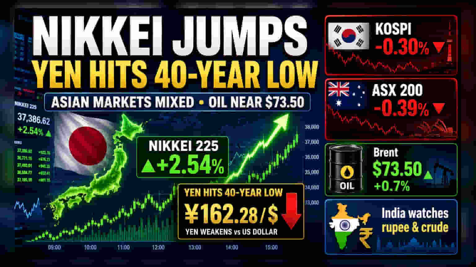 Nikkei मध्ये जोरदार तेजी, येनचा ४० वर्षांतील नीचांकी स्तर