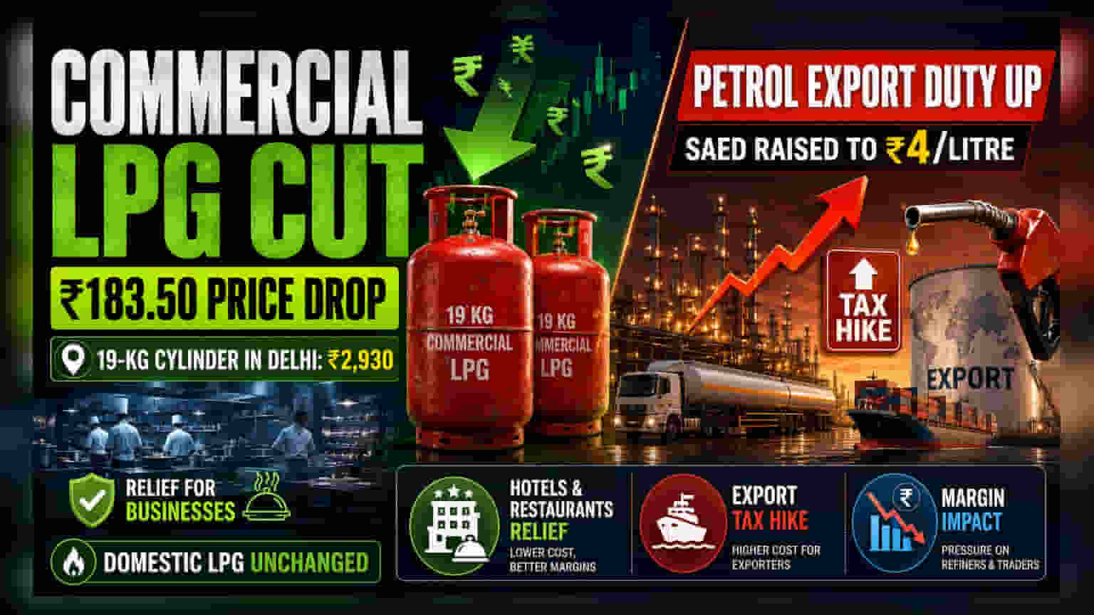 કોમર્શિયલ LPG સિલિન્ડર ₹183.50 સસ્તું થયું, પેટ્રોલ નિકાસ પરનો ટેક્સ વધ્યો