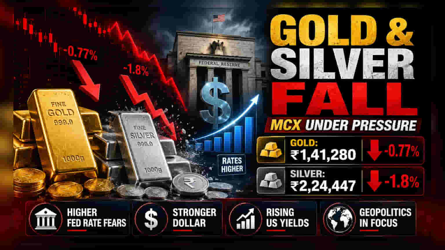 MCX પર સોના-ચાંદીના ભાવ ઘટ્યા: અમેરિકી ફેડના રેટ હાઈકના ભયથી બજારમાં ચિંતા