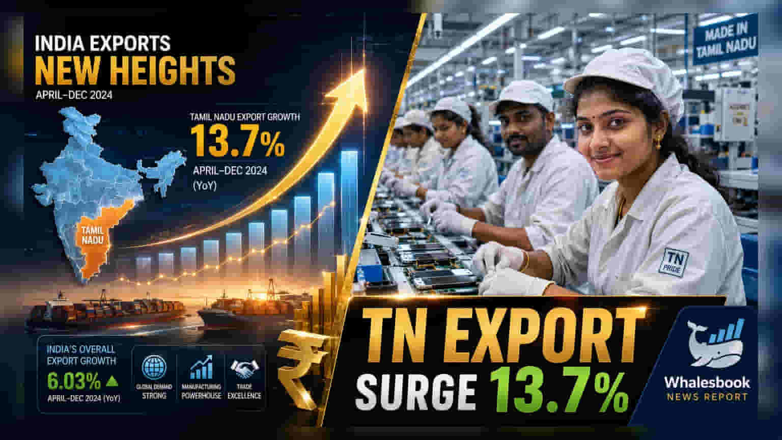 તમિલનાડુનો એક્સપોર્ટ ગ્રોથ FY26 માં **13.7%** પર પહોંચ્યો, ઇલેક્ટ્રોનિક્સ ક્ષેત્રે નોંધપાત્ર ઉછાળો