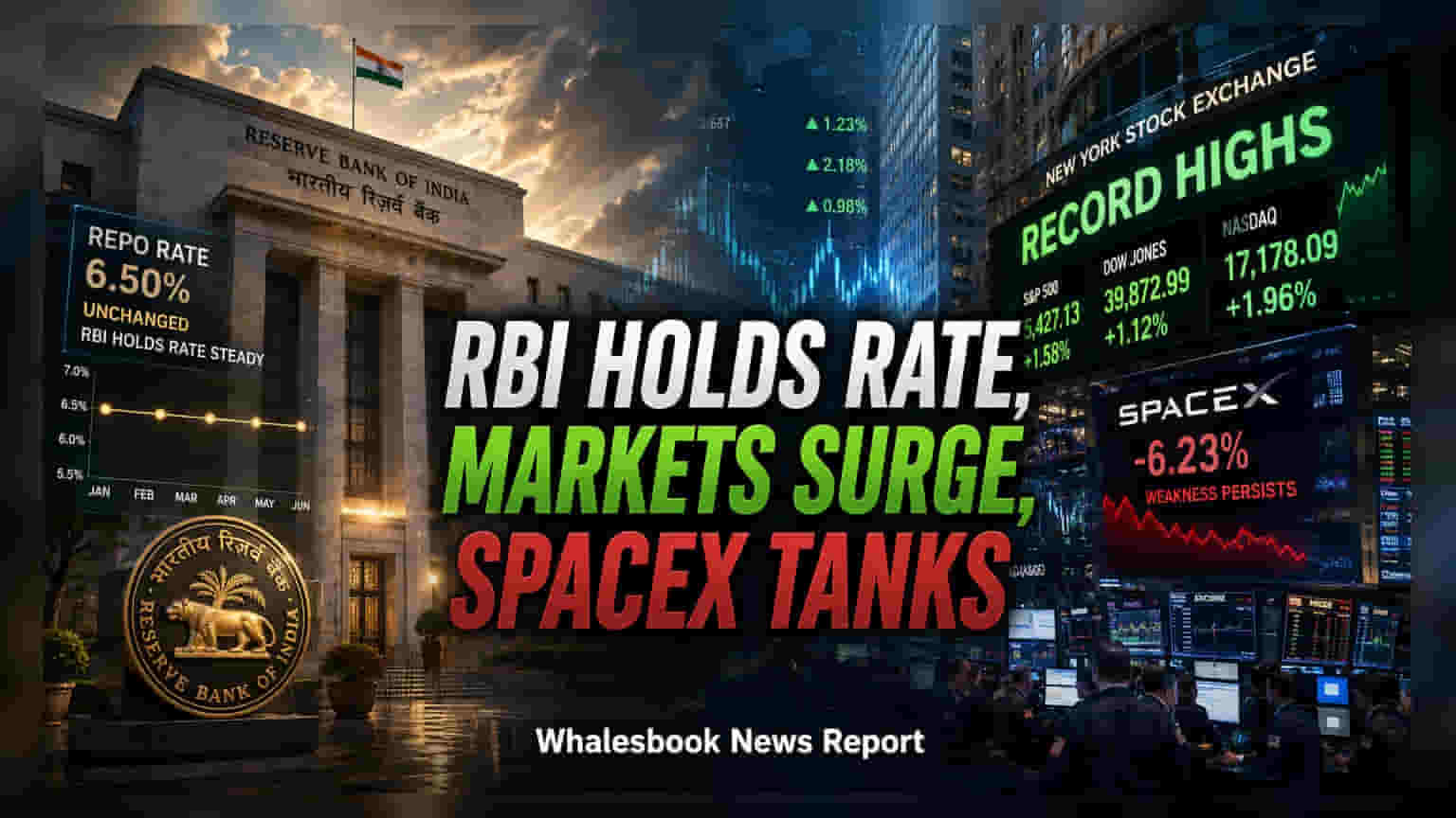 RBI યથાવત: રેપો રેટ 5.25% પર સ્થિર; SpaceX શેરમાં 7% નો કડાકો