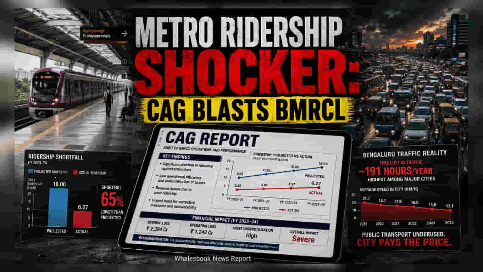 बेंगलुरु मेट्रो (BMRCL) की धीमी रफ्तार: CAG रिपोर्ट में खुलासा, यात्रियों की संख्या और कमाई के लक्ष्य चूके