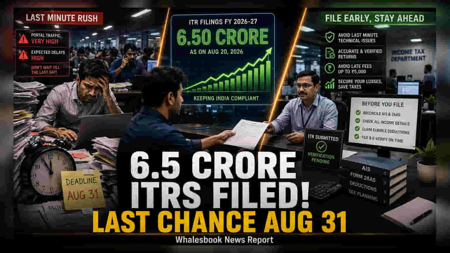 ఆదాయపు పన్ను రిటర్నులు 6.5 కోట్లు దాటాయి: ఆగస్టు 31 గడువు దగ్గరలో!