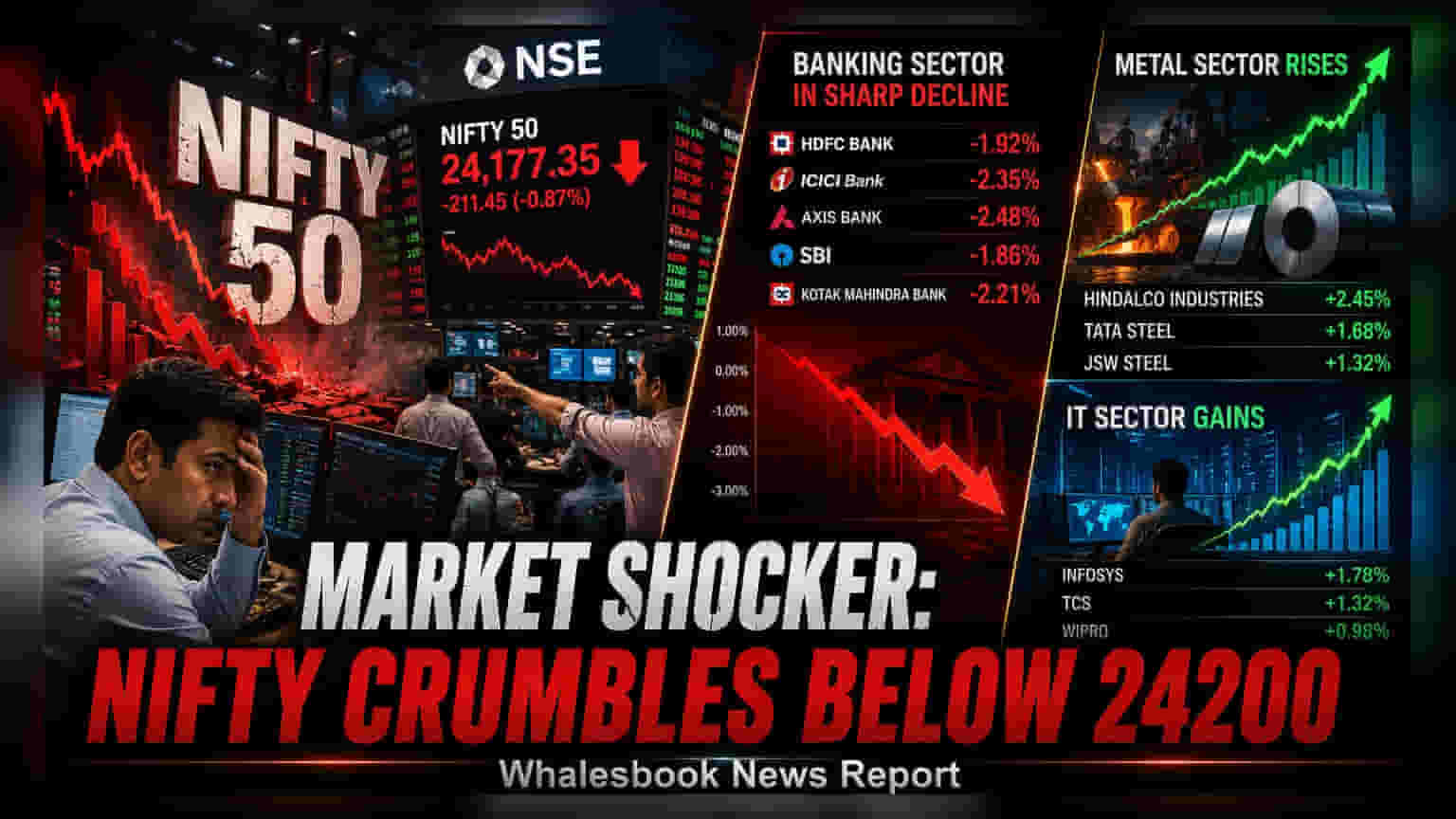 Nifty 50 માં કડાકો: બેંકિંગ શેરોમાં વેચવાલી, ઈન્ડેક્સ **24,200** ની નીચે