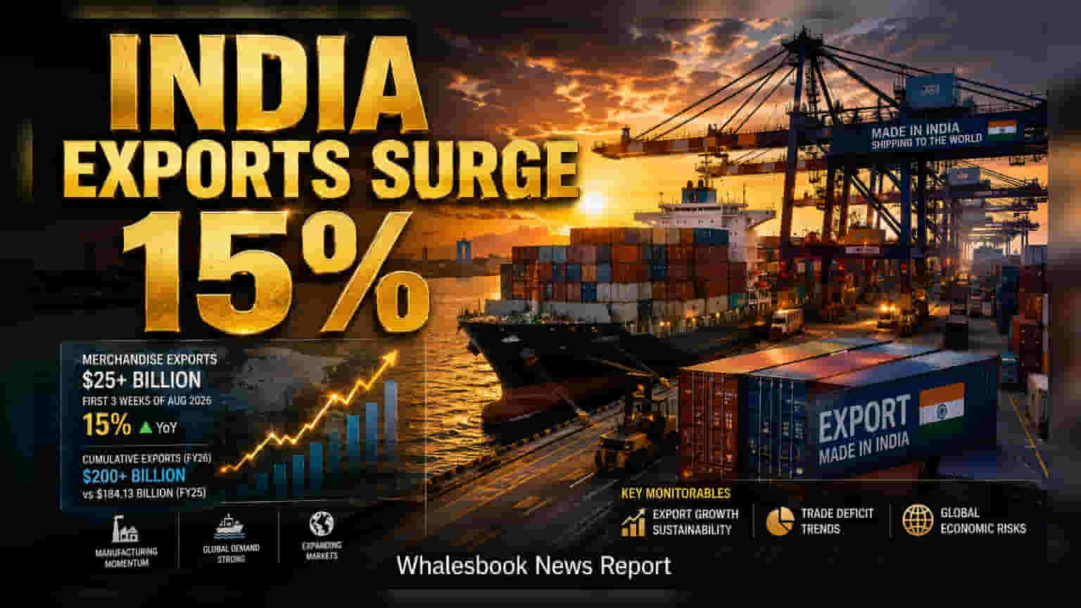 India Exports: ઓગસ્ટમાં ભારતની નિકાસમાં **15%**નો ઉછાળો, કુલ નિકાસ **$200 અબજ**ને પાર