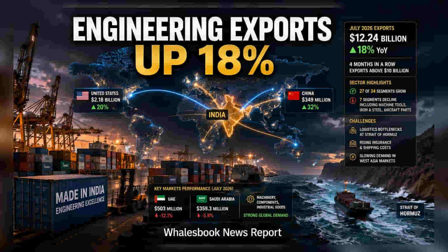 Indian Engineering Exports Rise 18% in July to $12.24 Billion